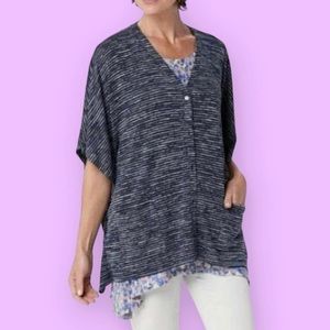 LOGO Lori Goldstein Straited Knit Button Front Poncho Sweater Women’s M Navy